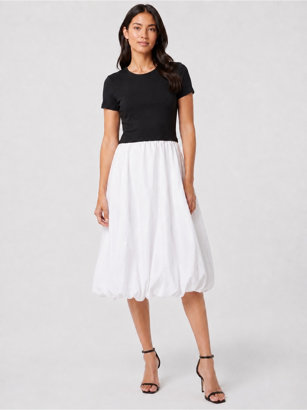 Karl Lagerfeld Bubble Skirt Midi Dress A Line Crewneck Black White L NWT